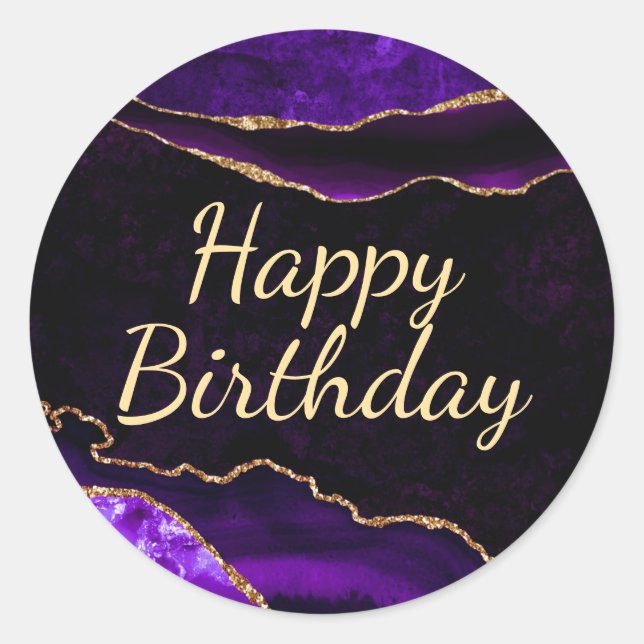 Lila und Gold Glitzer Agate Happy Birthday Runder Aufkleber (Vorderseite)
