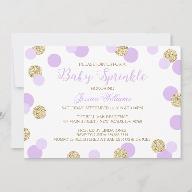 Lila und Gold Glitzer Baby Sprinkle Einladungen (Vorderseite)