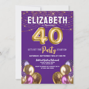 Lila und Gold Glitzer Balloons 40. Geburtstag Einladung