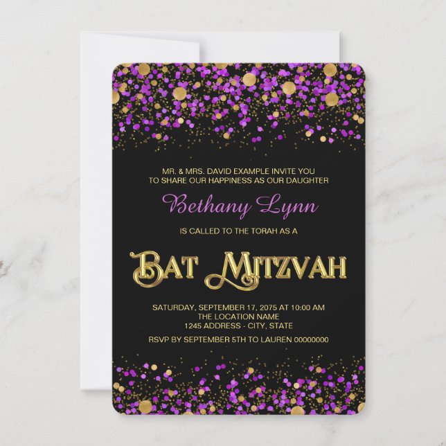 Lila und Gold Glitzer Bat Mitzvah Einladung (Vorderseite)