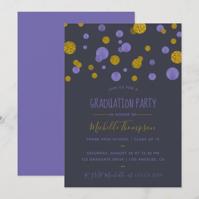 Lila und Gold Glitzer Confetti Graduation Party Einladung (Vorne/Hinten)