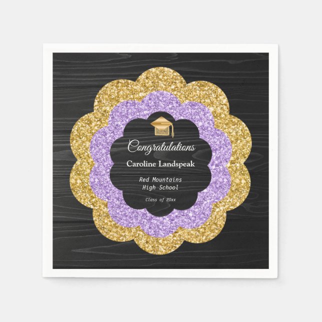 Lila- und Gold-Glitzer-Graduierungsparty Serviette (Vorderseite)