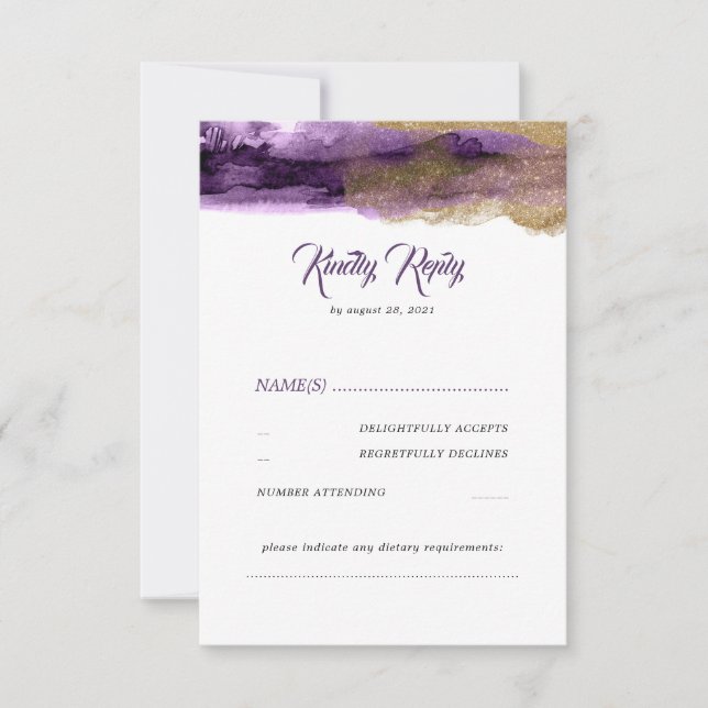 Lila und Gold Glitzer Moderner Hochzeitssender RSV RSVP Karte (Vorderseite)