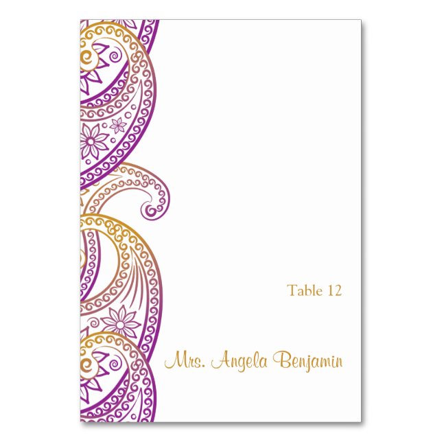 Lila und Gold Indian Paisley Wedding Platzkarte Tischnummer (Vorderseite)