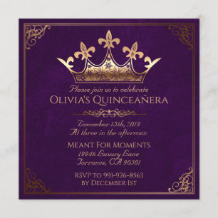 Lila und Gold königliches Quinceanera Einladung