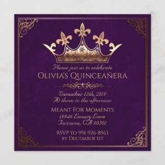 Lila und Gold königliches Quinceanera Einladung