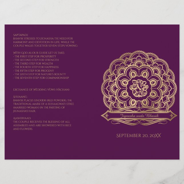 Lila und Gold Mandala Hindu Hochzeitsprogramm (Vorderseite)