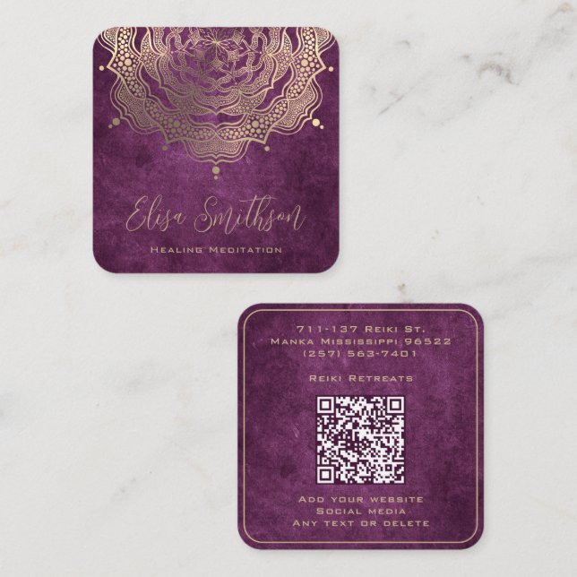 Lila und Gold Mandala Reiki Heilmedizin Quadratische Visitenkarte (Vorne/Hinten)
