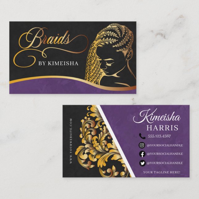 Lila und Gold Moderner Friseur Salon  Visitenkarte (Vorne/Hinten)