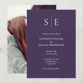 Lila und Gold Monogram Foto Hochzeit Einladung