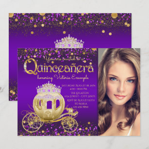 Lila und Gold Prinzessin Foto Quinceanera Einladung