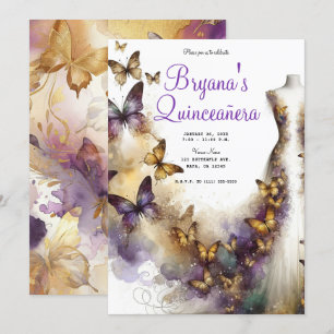 Lila und Gold Schmetterlingskleid Fantasy Quinceañ Einladung