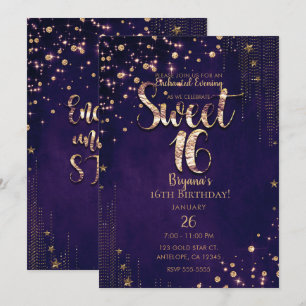 Lila und Gold Sweet 16 Whimsical Stars Party Einladung