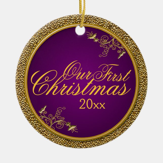 Lila und Gold "unser erstes Weihnachts" Verzierung Keramikornament (Vorne)