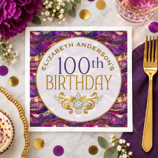 Lila und Gold verzierte Schichten zum 100. Geburts Serviette