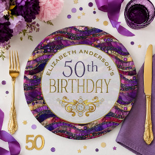 Lila und Gold verzierte Strata 50. Geburtstag Pappteller