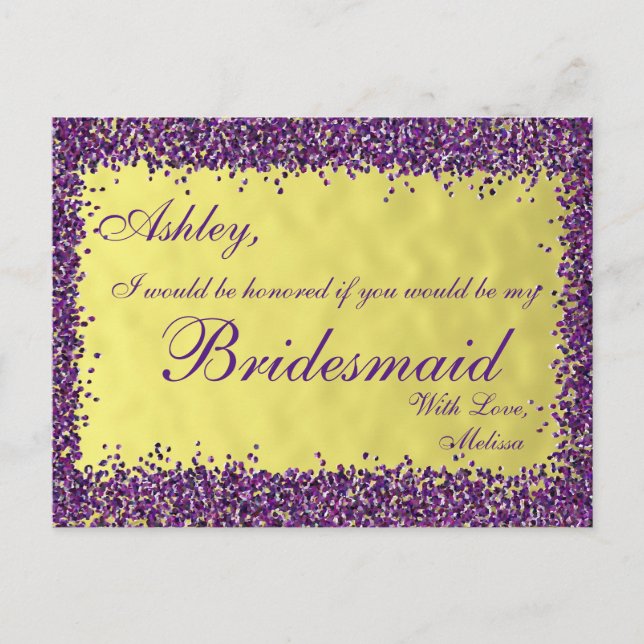 Lila und Gold - Werden Sie meine Bridesmaid? Einladungspostkarte (Vorderseite)