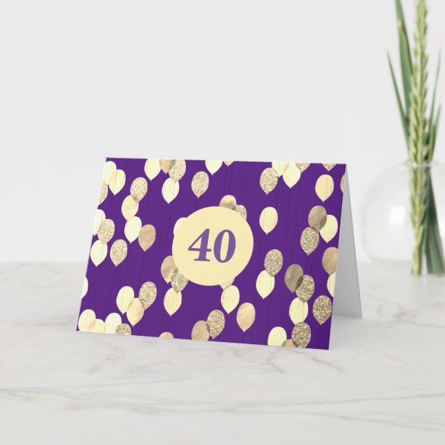 Lila und Goldballons 40. Geburtstag Karte (Vorderseite)