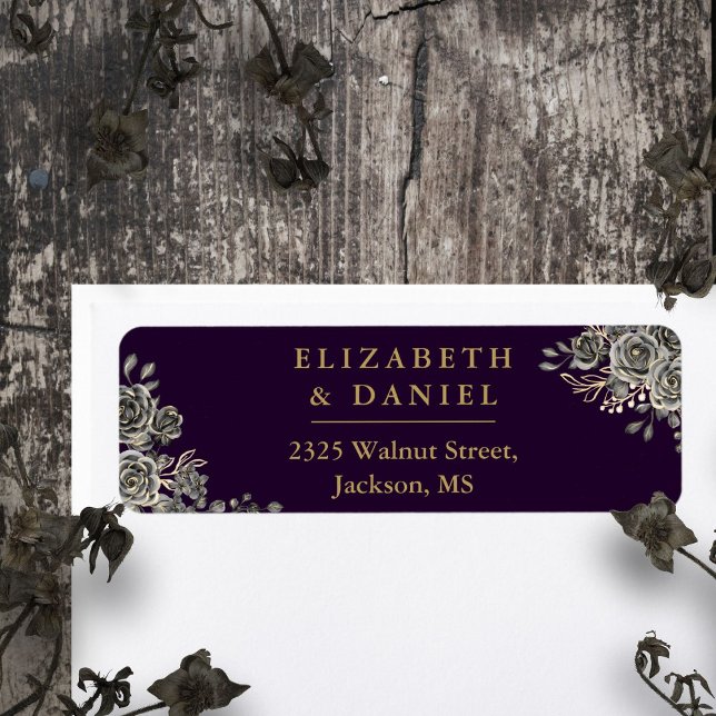 Lila und goldblütige Rose Gotische Rücksendeadress (Purple And Gold Floral Roses Gothic Return Address Label)