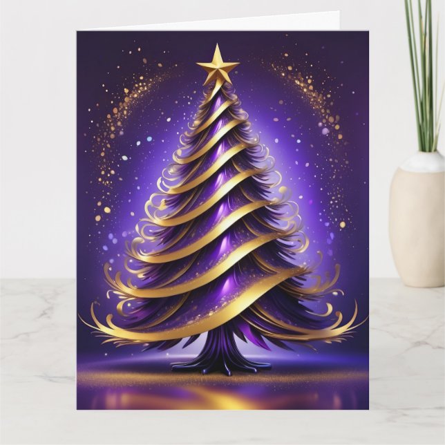 Lila und goldene Abstrakte Weihnachtsbaumgestaltun Karte (Vorderseite)