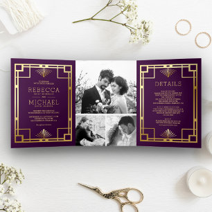 Lila und goldene Art Deco Fotocollage Hochzeit Dreifach Gefaltete Einladung