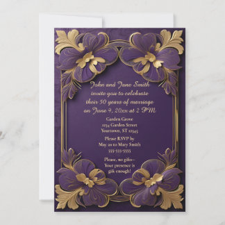 Lila und goldene Blumen Goldrahmen 50. Jubiläum Einladung