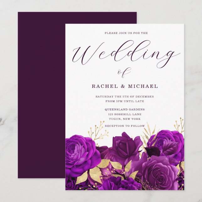 Lila und goldene Blumenhochzeit Einladung (Vorne/Hinten)