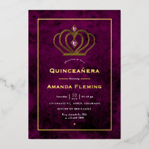Lila und goldene Edelsteinkrone Quinceañera Folieneinladung