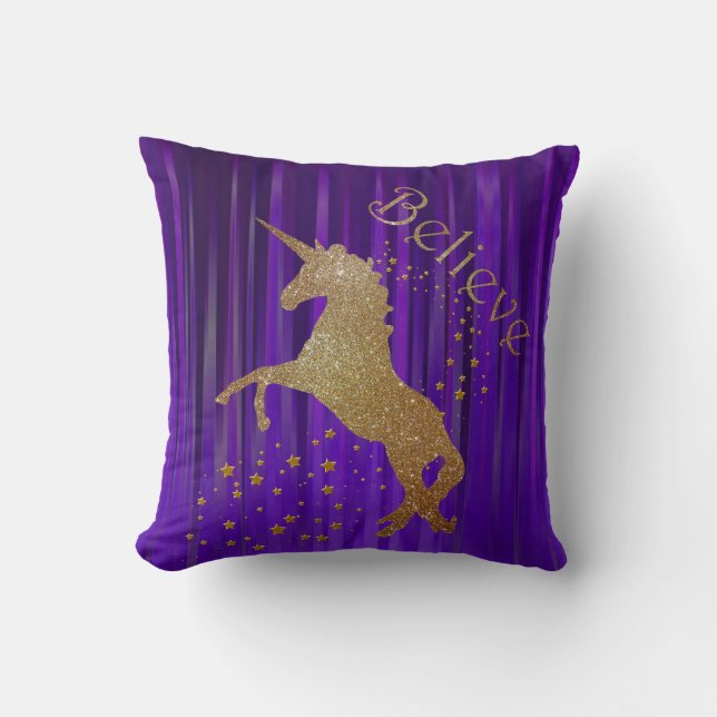 Lila und goldene Einhornwurfkissen Kissen (Vorderseite)