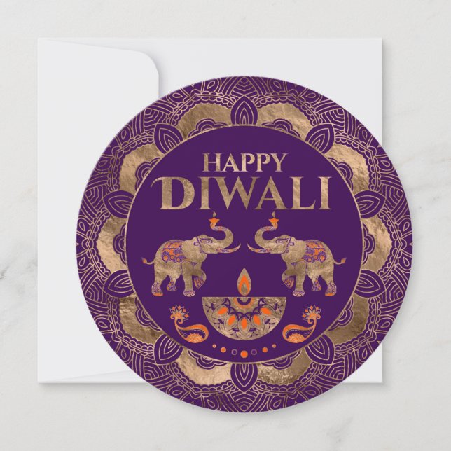 Lila und goldene Elefanten Happy Diwali Karte (Vorderseite)