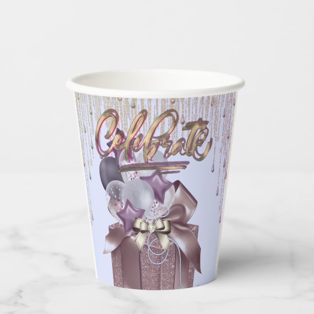 Lila und goldene Feier Pappbecher (Vorderseite)