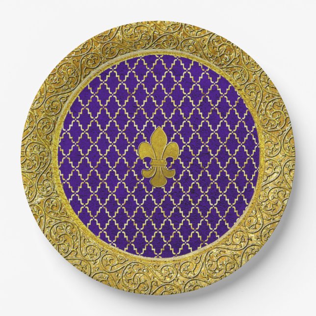 Lila und goldene Fleur-de-lis Pappteller (Vorderseite)