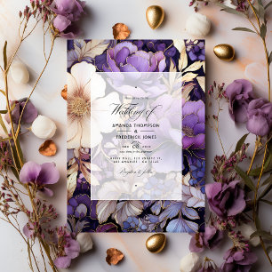 Lila und goldene florale Hochzeit Einladung