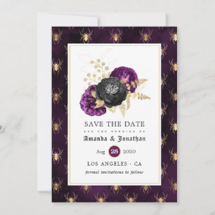 Lila und Goldene Florale Spinnen Gothic-Hochzeit Save The Date
