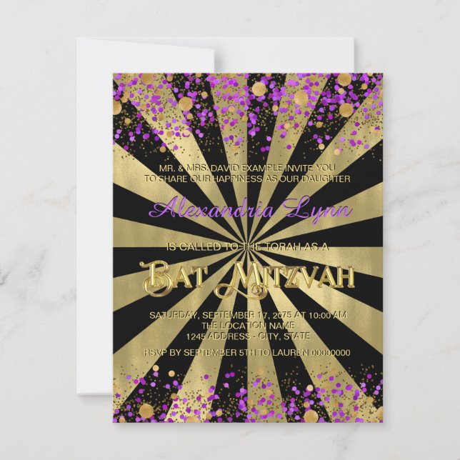 Lila und goldene Forelle Bat Mitzvah Einladung (Vorderseite)