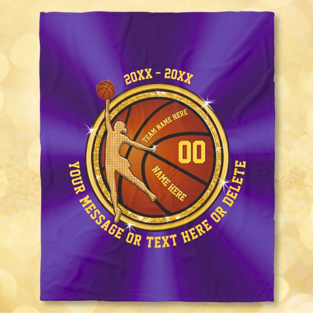 Lila und goldene Geschenkideen für Basketball Fleecedecke (Personalized Basketball Blankets. Purple and Gold,  Christmas Gifts for Basketball Players. Blanket.)