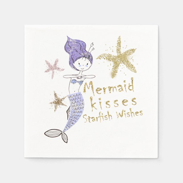 Lila und goldene Glitzer Mermaid Birthday Party Serviette (Vorderseite)