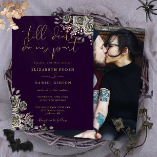 Lila und goldene Gothic-Rose Foto Hochzeit Einladung