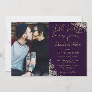 Lila und goldene Gothic-Rose Foto Hochzeit Einladung
