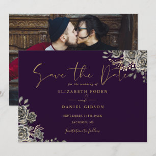 Lila und goldene gotische Blumenfoto-Hochzeit Save The Date