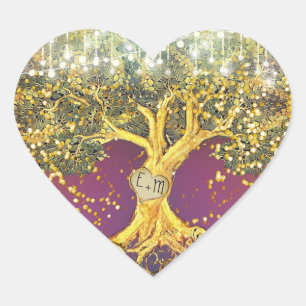Lila und goldene Initialen im Eichenbaum-Hochzeits Herz-Aufkleber