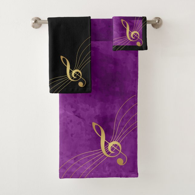Lila und goldene Musikhandtücher - Treble Clef Badhandtuch Set (Insitu)
