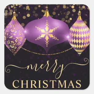 Lila und Goldene Ornamente Kugeln Weihnachten Quadratischer Aufkleber