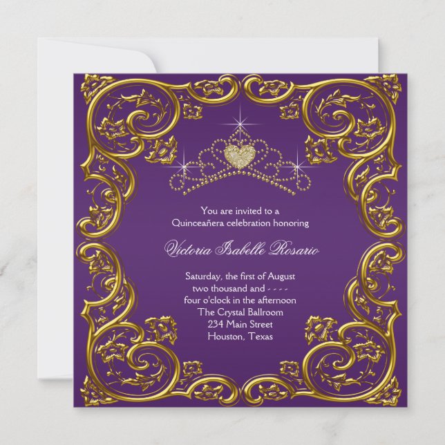 Lila und goldene Quinceanera Einladung (Vorderseite)