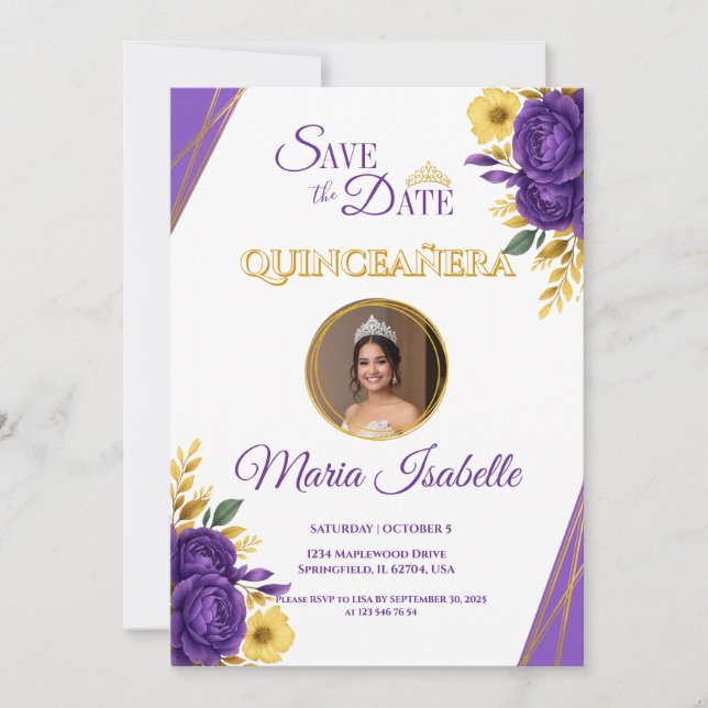 Lila und goldene Quinceñera Save the Date Einladung (Vorderseite)