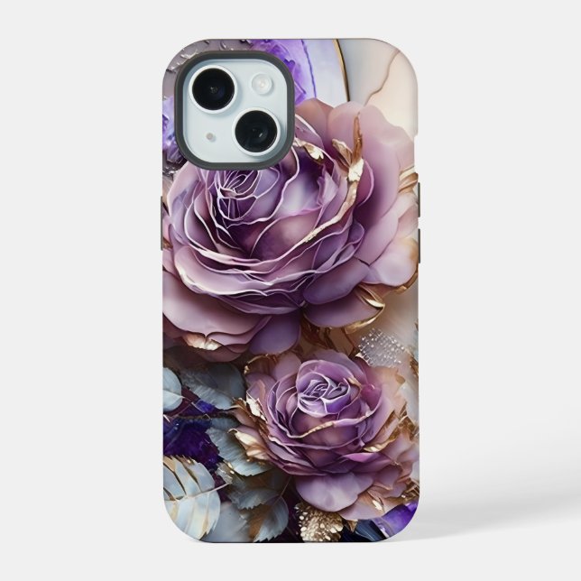 Lila und goldene Riesen-Rose iPhone 15 Hülle (Rückseite)