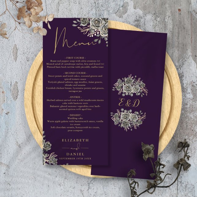 Lila und goldene Rose Blumengotik Hochzeitsessen Menükarte (Purple And Gold Roses Floral Gothic Wedding Dinner Menu)