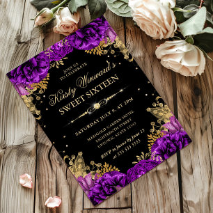 Lila und goldene Rosen Floral Sweet Sixteen Einladung