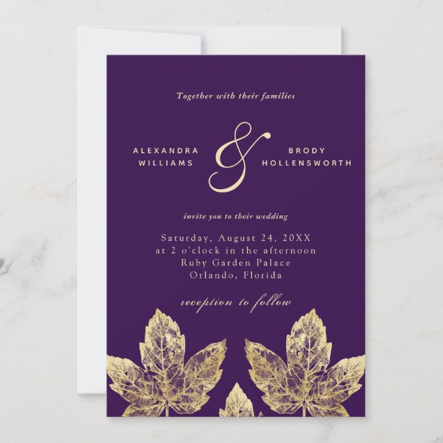 Lila und goldene Rustikale Gold Foil Blätter Hochz Einladung (Vorderseite)