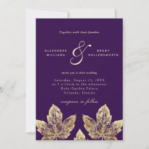 Lila und goldene Rustikale Gold Foil Blätter Hochz Einladung